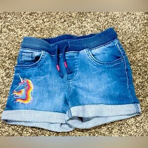 Little girls denim shorts with unicorn detail. Elastic waistband. Worn one time.